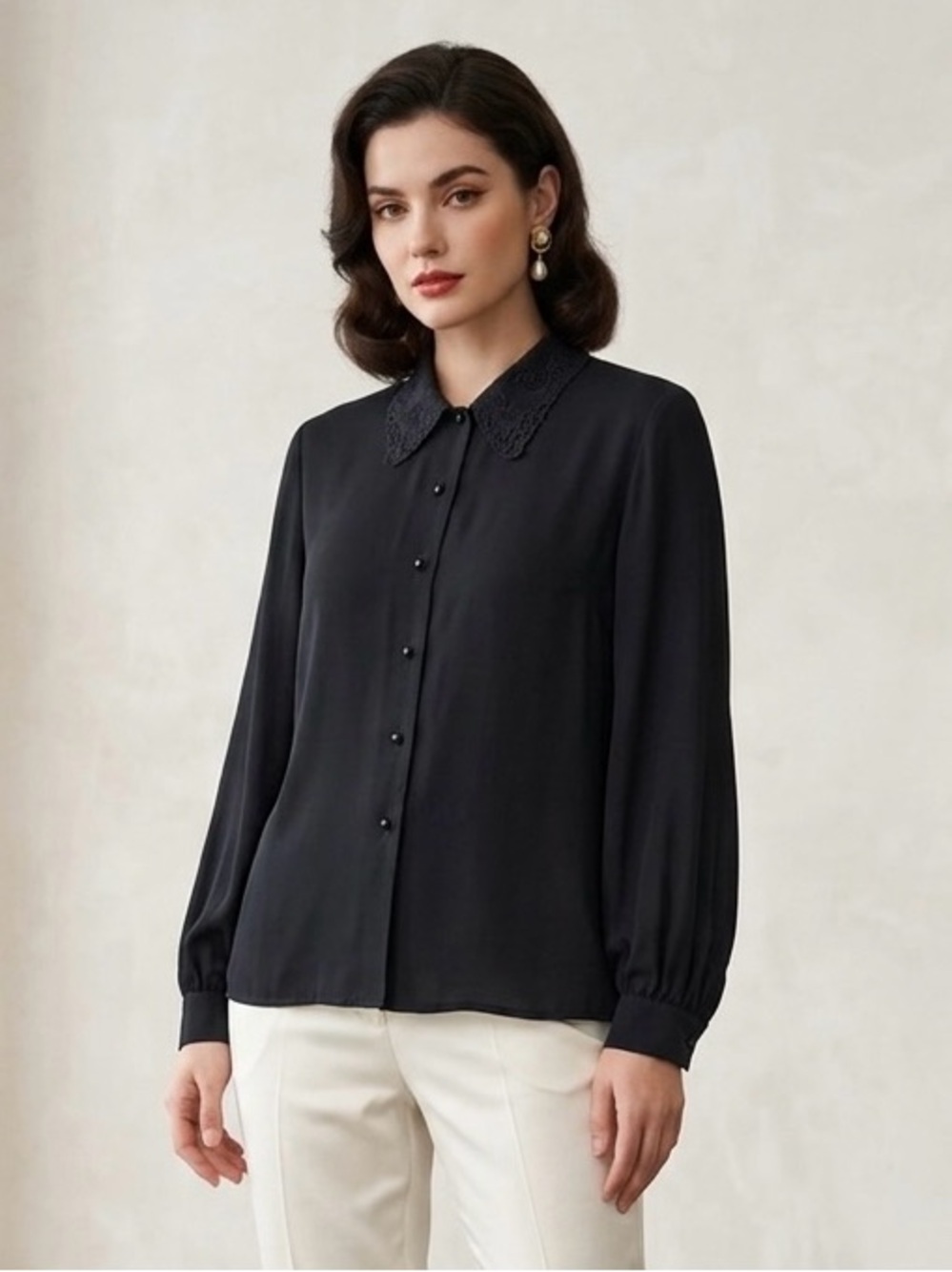 Açelya Black Lace-Collar Button Front Camisole Top
